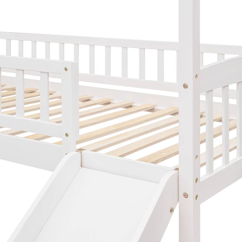 White Twin Loft Bed with Slide and House Design, Space-Saving Kids Furniture