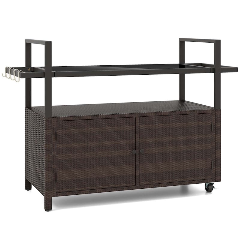 Costway Outdoor Bar Cart with Tempered Glass Top Storage Cabinet & 8 - See Details