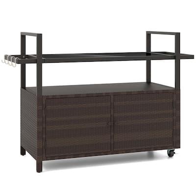 Costway Outdoor Bar Cart with Tempered Glass Top Storage Cabinet & 8 - See Details
