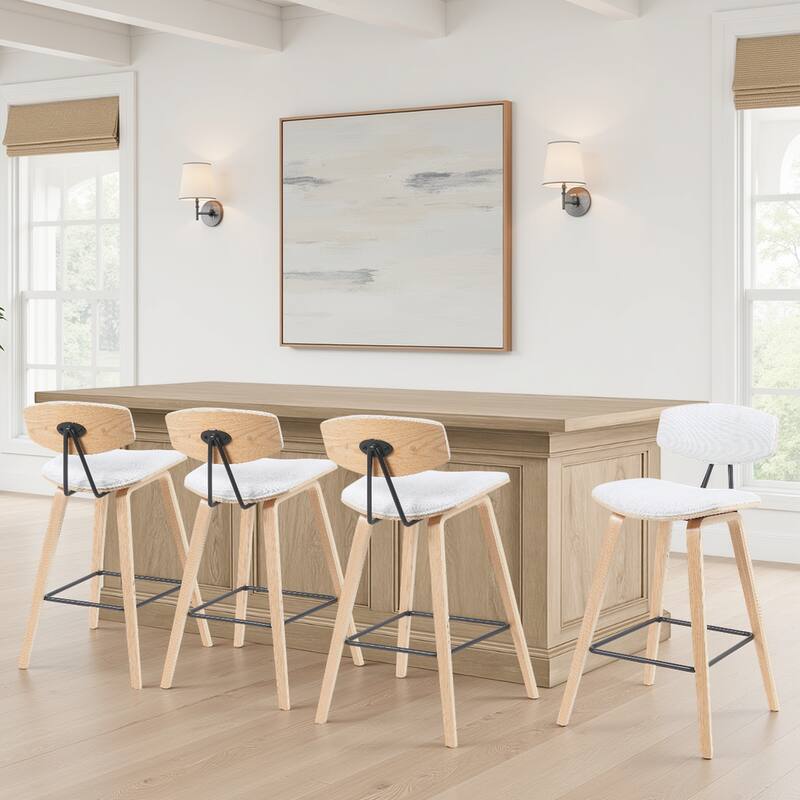 Fox Mid-Century Bar Stool, Upholstered Counter Height Chair with Bentwood Legs - Set of 4 - White Fabric & Oak - Bar Height