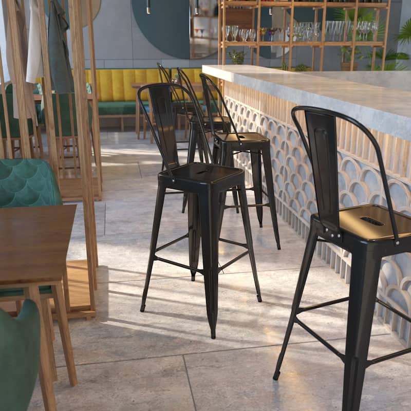 30'' High Metal Indoor-Outdoor Barstool with Back - Black