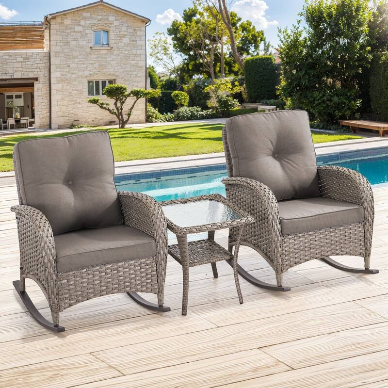 Gymojoy Patio Furniture Set PE Wicker Rocking Chairs & Side Table - 3-Piece - Grey Wicker / Grey Cushion