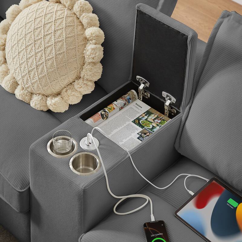 Corduroy U-shaped Sectional Sofa with Double Storage Chaise Lounge, Console Table with Charging Station, Box and Cup Holders