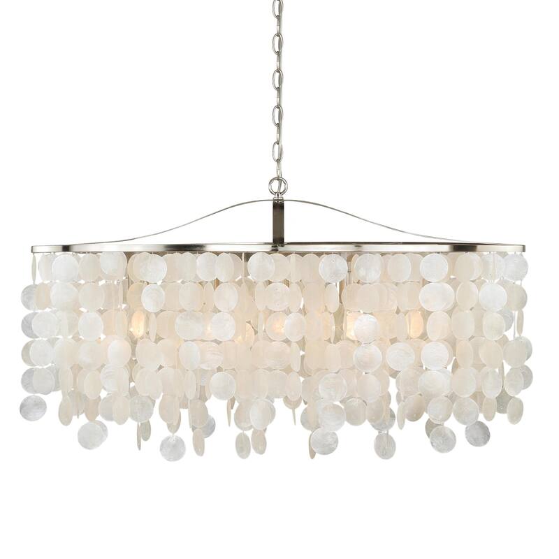 Elsa 5L Coastal Capiz Shell Linear Chandelier Island Pendant Light Fixture - 35.75-in W x 21-in H x 15-in D - Satin Nickel - 35.75-in W x 21-in H x 15-in D