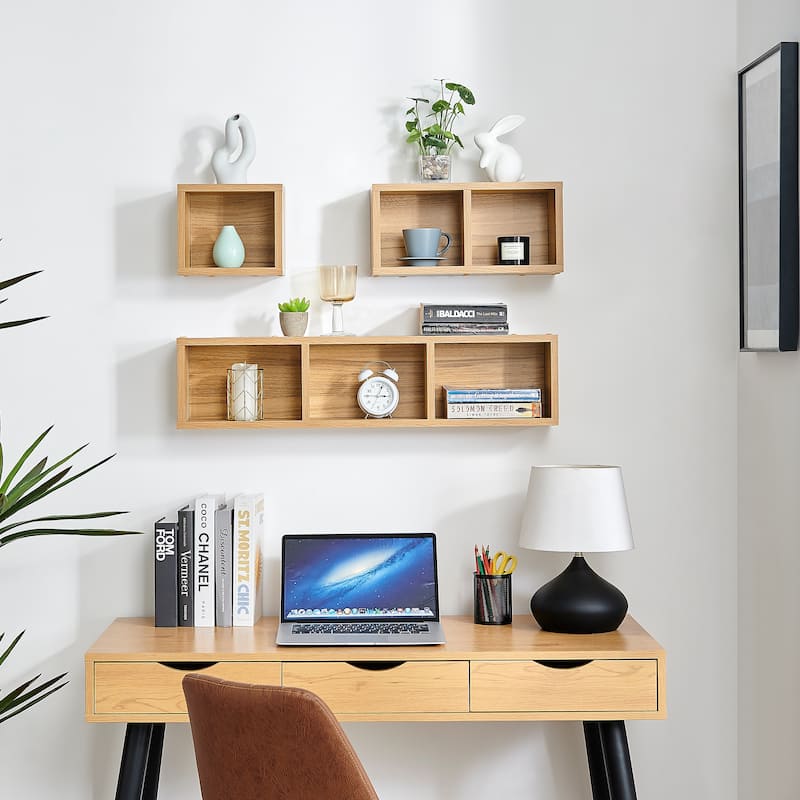 Danya B. Bauhaus Floating Geometric Cubby Wall Shelves - Set of 3 Sizes - Chestnut