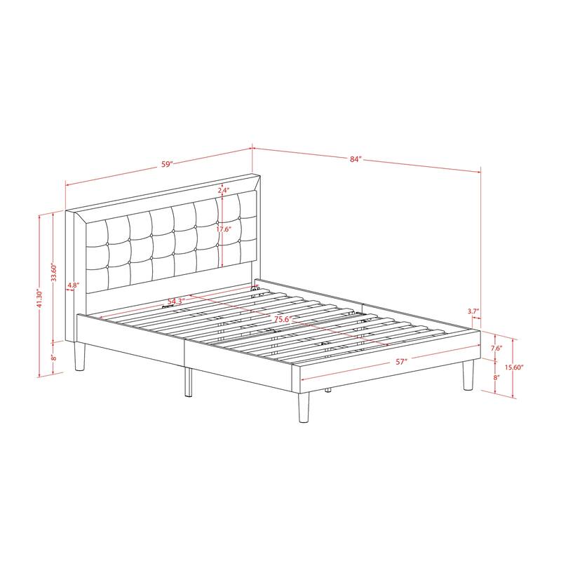 Full Size Bed Frame Upholstered Headboard - Modern Linen Fabric Bed - Black Legs - Easy Assembly