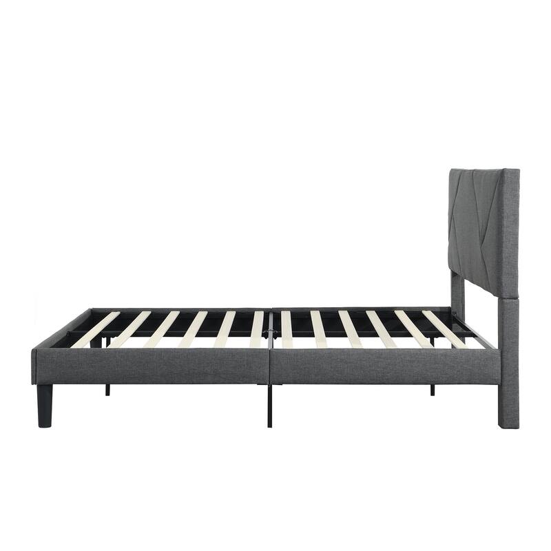 Grey Queen Upholstered Platform Bed with Wood Slat Support