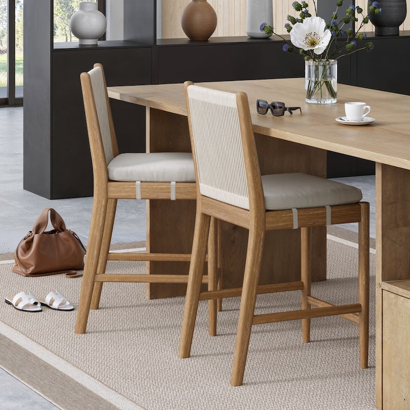 Kayden Solid Wood Dining Chair or Bar Stool with Woven Rope Backrest, Upholstered Stool for Kitchen or Bar