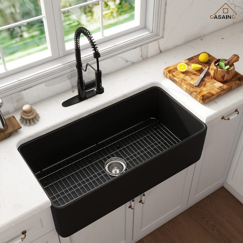 Farmhouse/Apron-Front Single Bowl Fireclay Kitchen Sink with 3-Function Pull-Down Faucet, Bottom Grid, and Basket Strainer