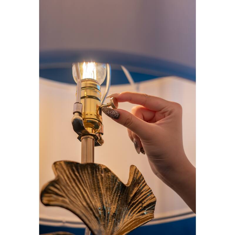 D17x30.2" Gold Ginkgo Leaf Table Lamp with Marble Base and White Drum Shade (Lamp Shade Assembly Required)