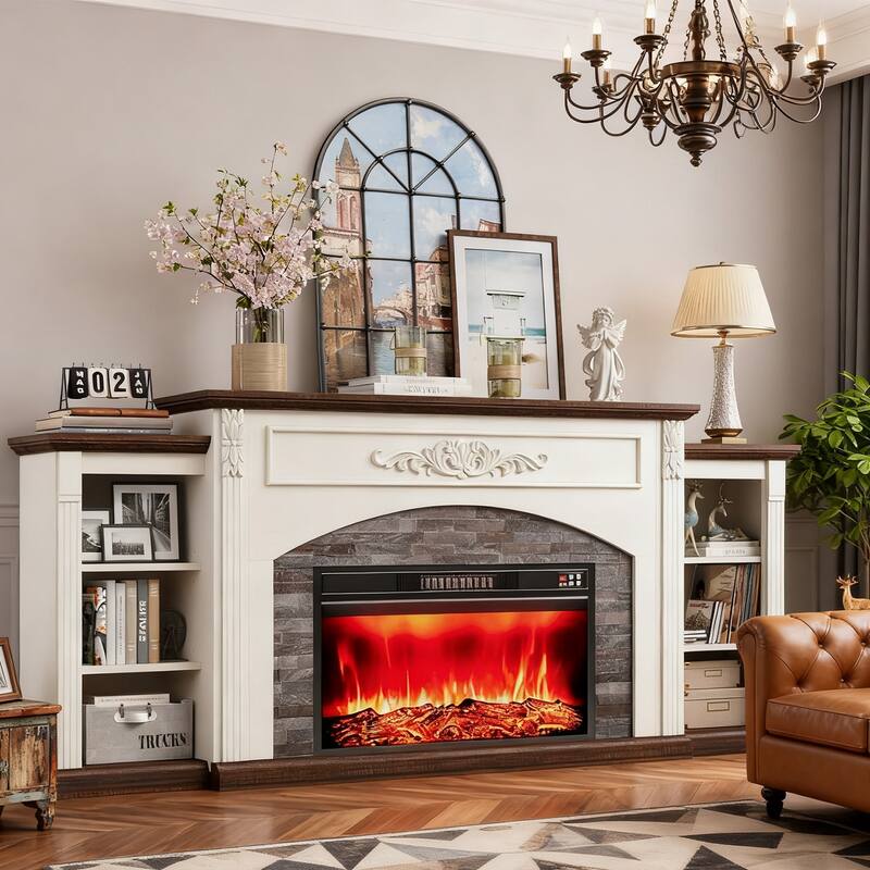 78 inch Electric Fireplace Mantel Fireplace TV Stand Entertainment Center with 30 inch Fireplace Insert Heater and Storage