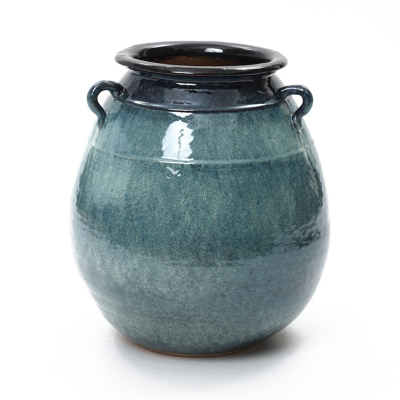 Rippled Blue with Brown Round Ceramic Vase, Home Decor Tabletop & Floor Accent - 17.52" H x 15.75" Diameter