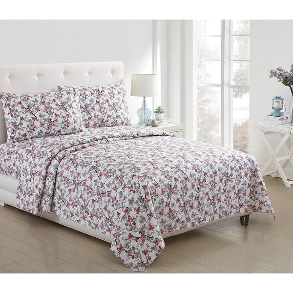 slide 1 of 1, Jasmine Floral Printed 3-Piece and 4 Piece Sheet Set, Coral, Twin