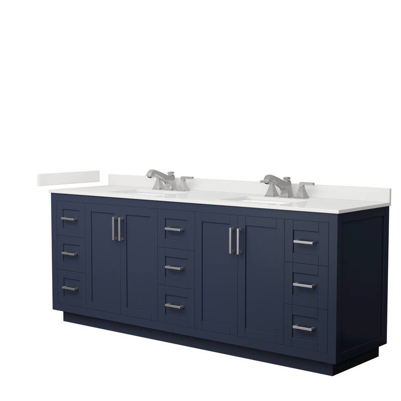 Miranda 84-inch Double Vanity, Quartz Top - Dark Blue, Nickel Trim, White Quartz Top