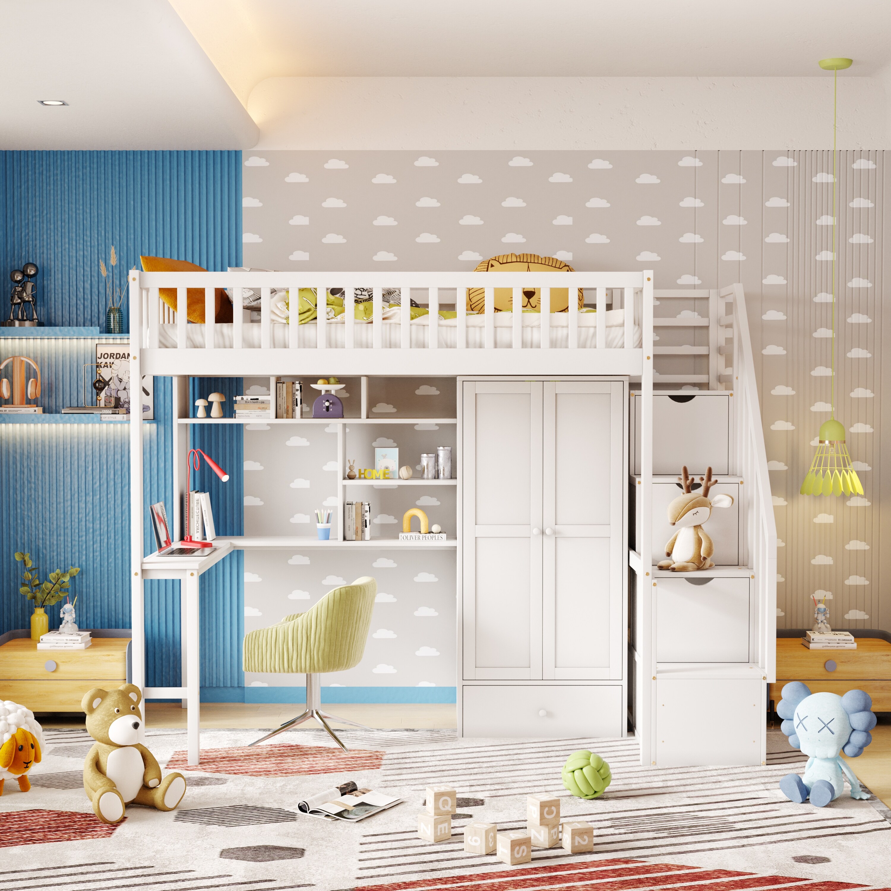 Twin size Loft Bed with Bookshelf Drawers Desk and Wardrobe