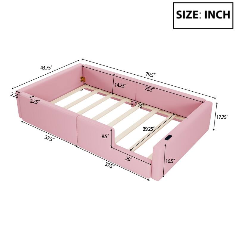 Twin Size Upholstered Platform Bed with Guardrail and Charging Station