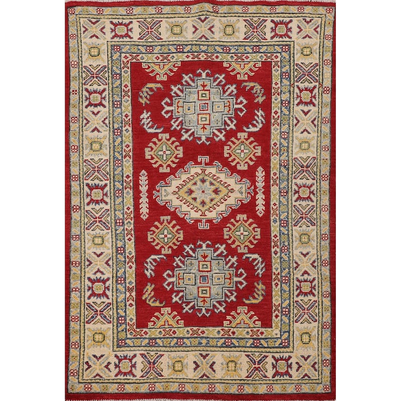 Red Kazak Oriental Accent Rug Hand-Knotted Geometric Wool Carpet - 3'4"x 5'0"