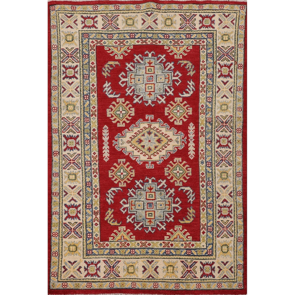 Red Kazak Oriental Accent Rug Hand-Knotted Geometric Wool Carpet - 3'4"x 5'0"
