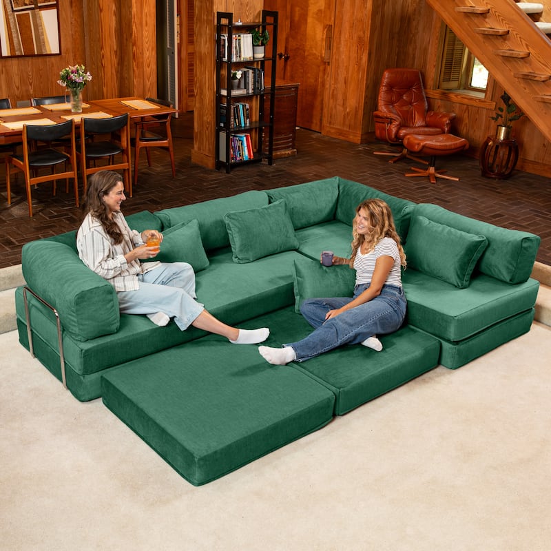 Jaxx Unsofa Modular Convertible Sectional Sofa with Fold Out King Sleeper Bed - U-Shaped Sectional. - Performance Microvelvet Peacock Green