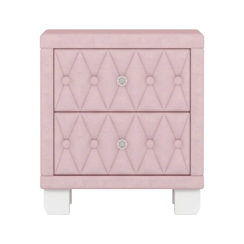 Velvet 2 Drawers Nightstand with Crystal Handle and Button-Tufted