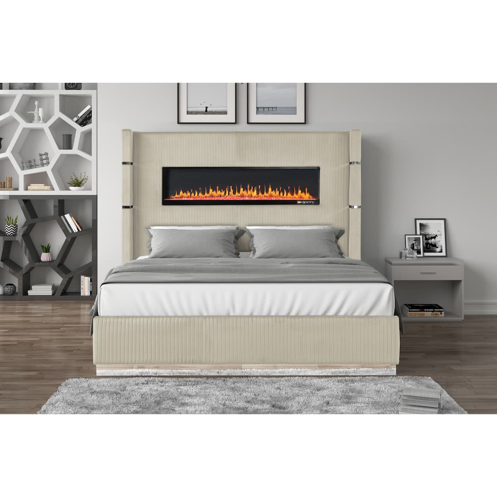 Lizelle Modern Style Queen/King Upholstered Bed with USB Ports, Fireplace Headboard & Made with Wood
