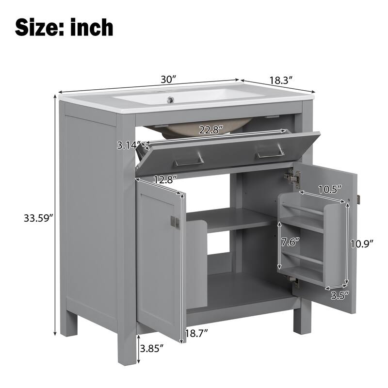 Modern 30-Inch Bathroom Cabinet with Undermount Sink, Solid Wood Frame & Flip-Out Drawer