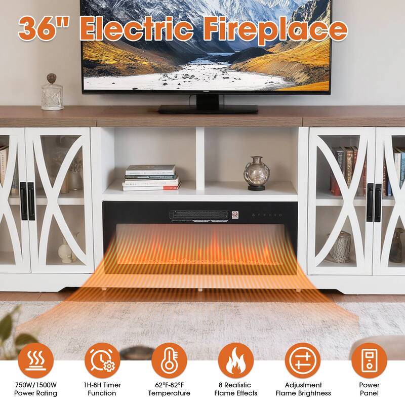93" Farmhouse Glass White Barn Door Fireplace TV Stand Storage Console with 36" Electric Fireplace for TVs Up to 100"