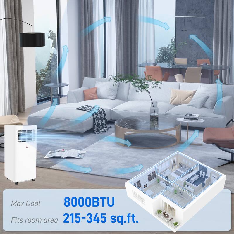 8000 BTU Portable Air Conditioner with Dehumidifier, 3-in-1 Room AC for Up to 345 Sq Ft, Remote, Timer