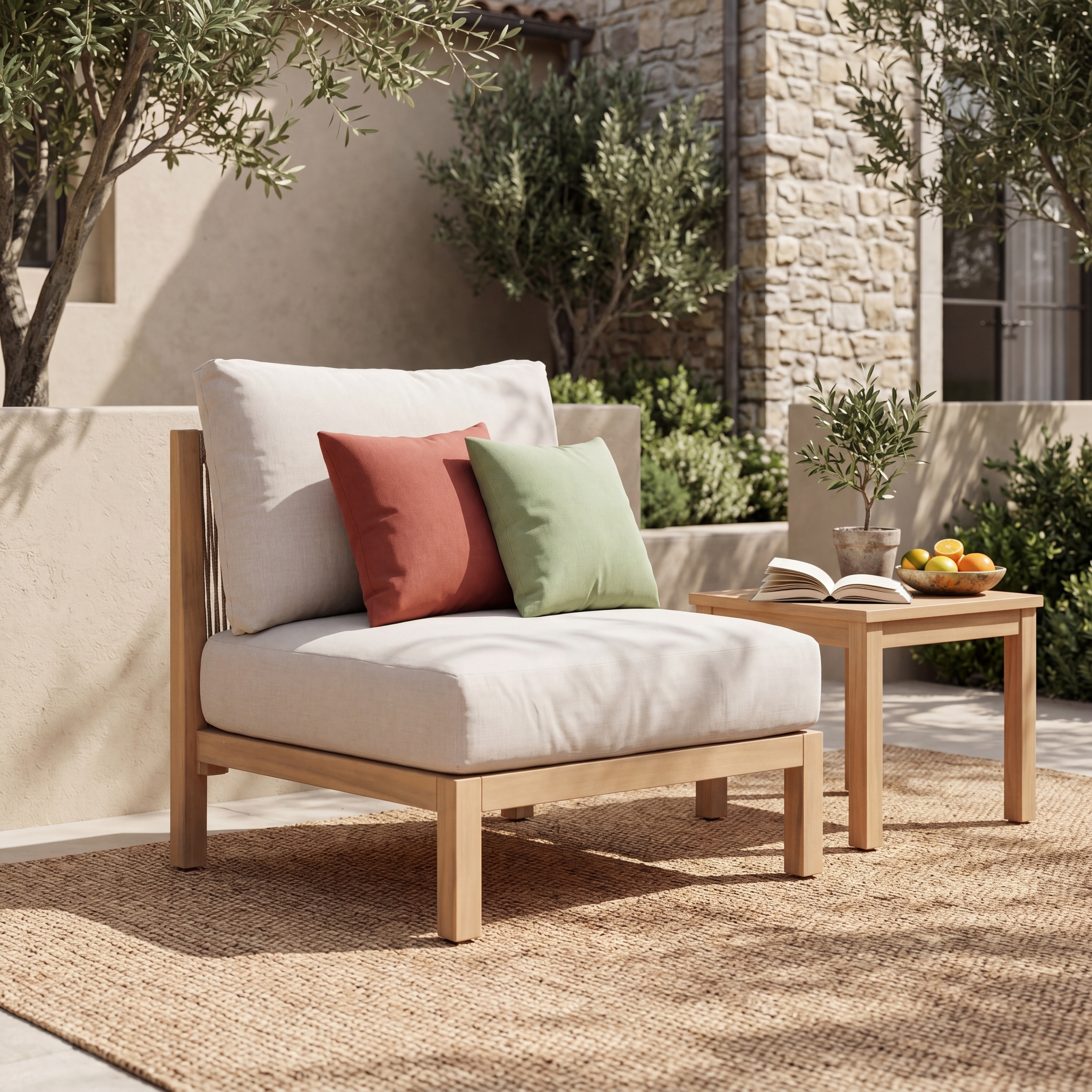 Acacia Wood Patio Chair with Rope Weave and Waterproof Cushion