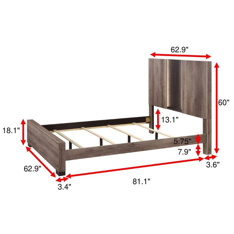 Contemporary Queen Panel LED Light Headboard Bed 1pc Brown Beige Gray Finish Wooden Bedroom Furniture