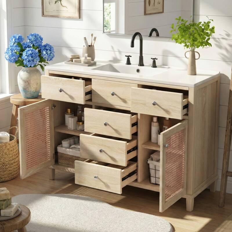 Christopher Knight Home - Modern Handwoven Rattan Bathroom Vanity with Ceramic Sink, Soft-Close Storages & Adjustable Shelving