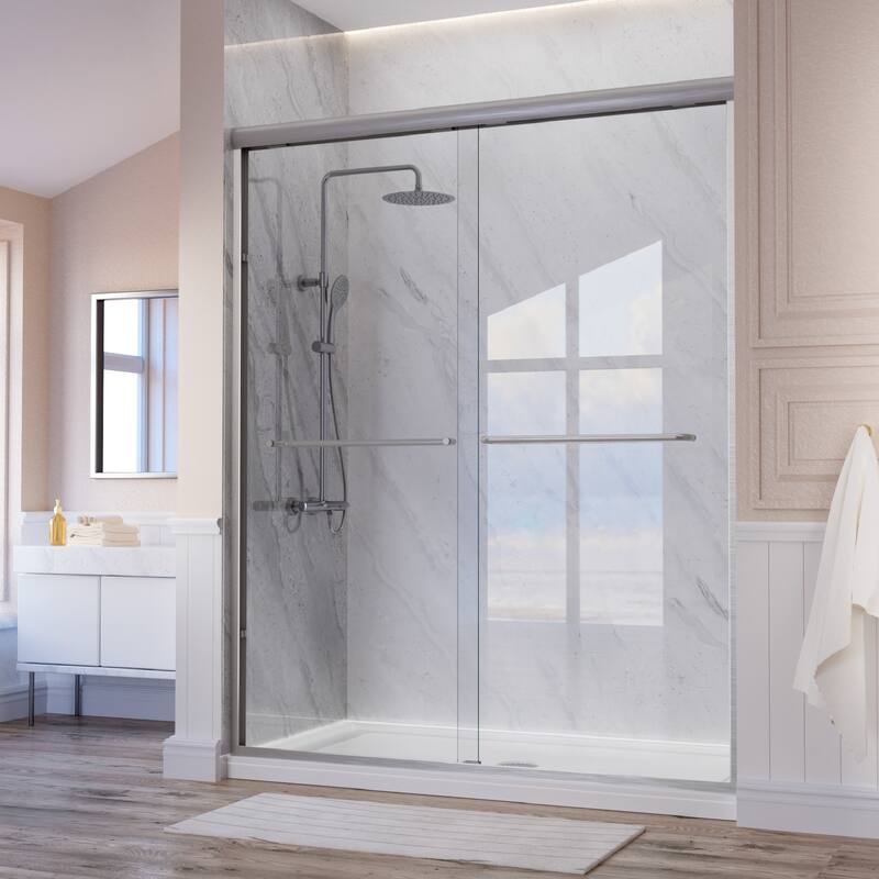 i-Homare 59'' W X 72'' H Semi-Frameless Double Sliding Shower Door with 2 Towel Bars - Brushed Nickel