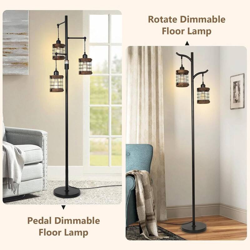 Airposta Dimmable Industrial Floor Lamp - 3-Light Wood & Metal Cage Floor Lamp