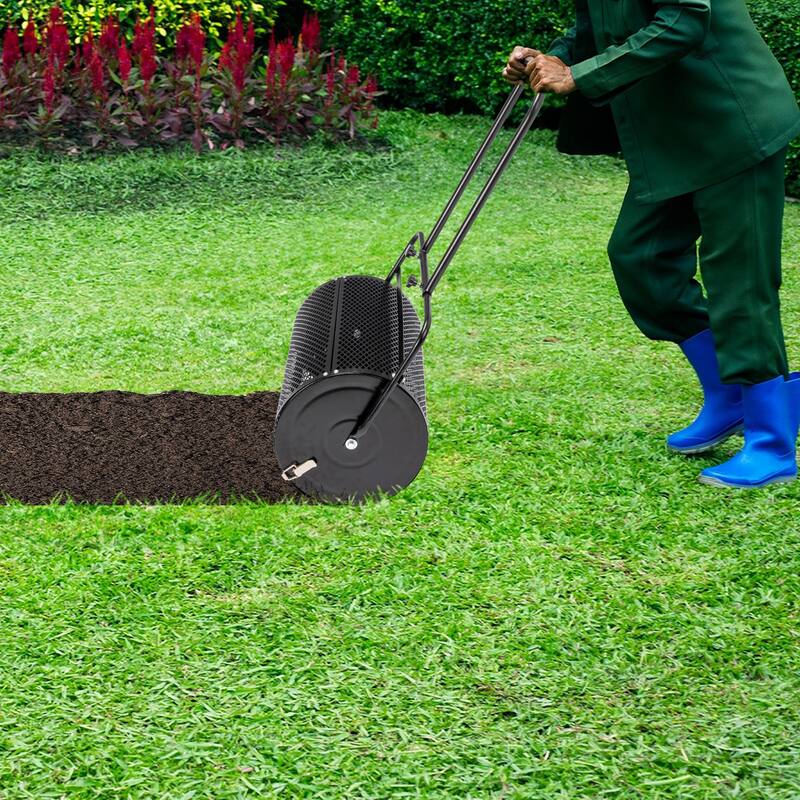 24 Inch Heavy-Duty Black Compost Spreader with Steel Basket for Lawn Garden and Topdressing - (27.8 x 15.7 x 49.2) in