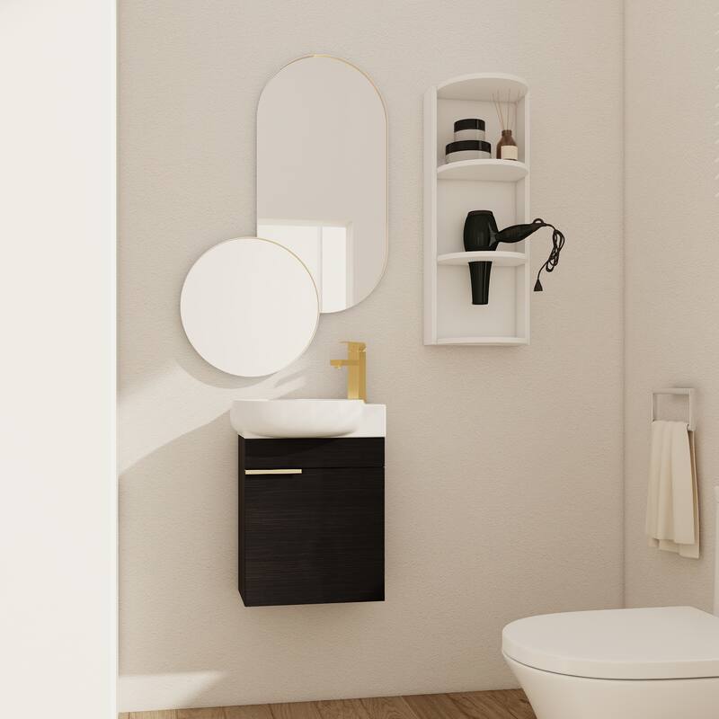 Compact Bathroom Vanity with Sink, Oval Single Ceramic Sink Bathroom Cabinet for Small Bathroom - Black Chestnut + Storage Rack - 16.8 Inch