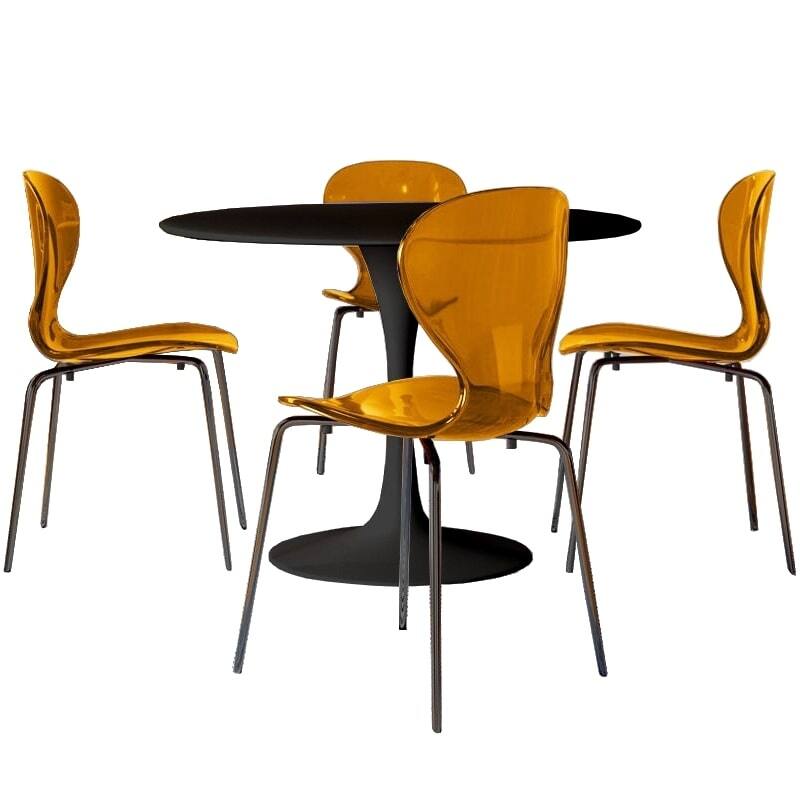 5-Piece Dining Set with 35-Inch Round Dining Table and 4 Side Chairs in Black Stainless Steel - Transparent Orange