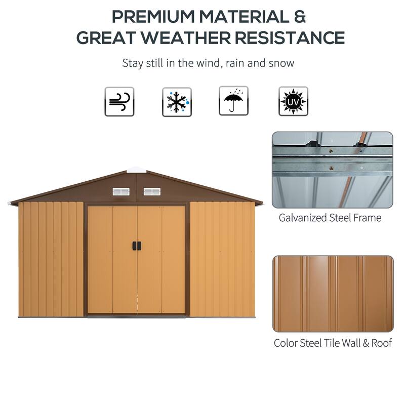 Outsunny 11' x 12.6' Outdoor Storage Shed Organizer, Garden Tool house with Floor Foundation, 4 Vents and 2 Easy Sliding Doors