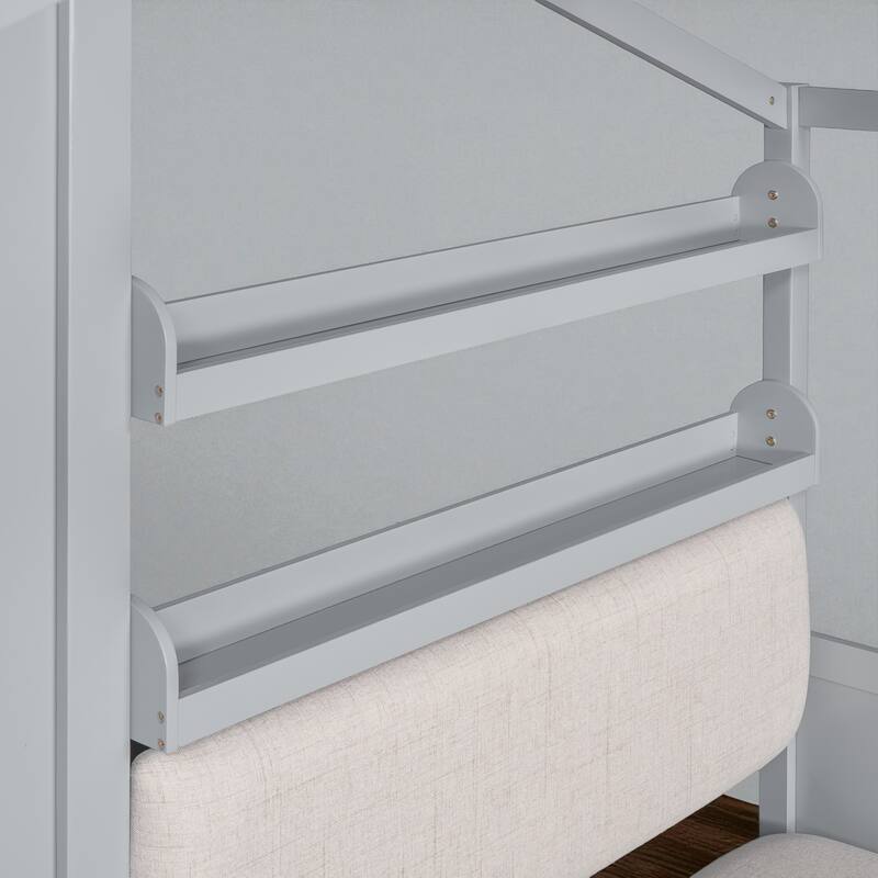 Twin House Bed with Sofa, Two Storage Drawers & Shelf, Kids Playhouse Platform Bed with Pine Wood Frame