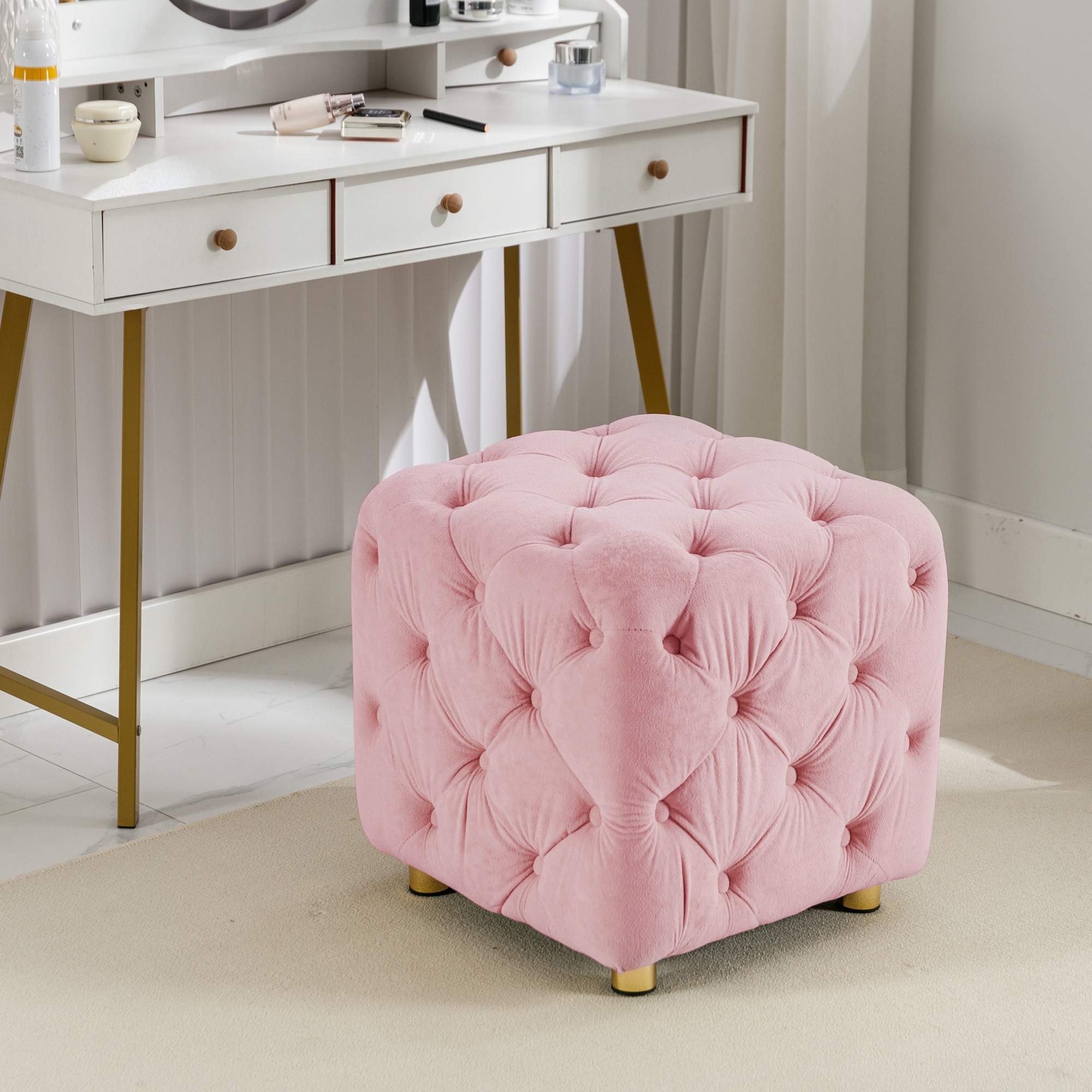 Modern Velvet Upholstered Ottoman Small End Table Dressing