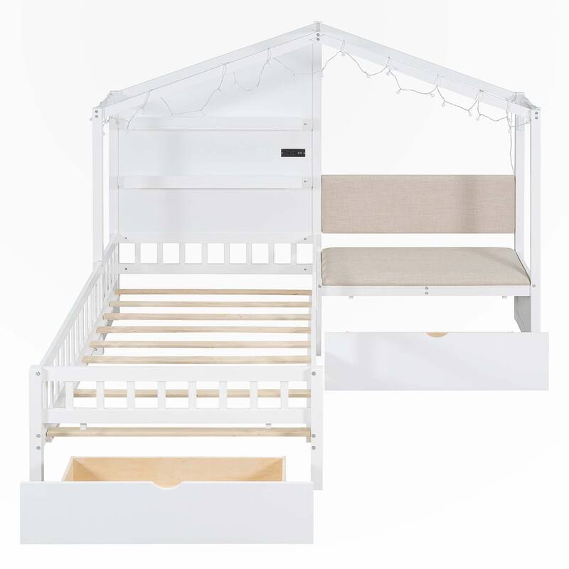 Twin Size House Bed with Upholstered Sofa