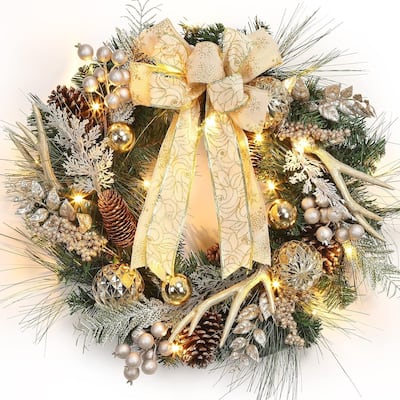 24 Inch Christmas Wreath with Lights for Front Door with Antlers Gold Balls - N/A