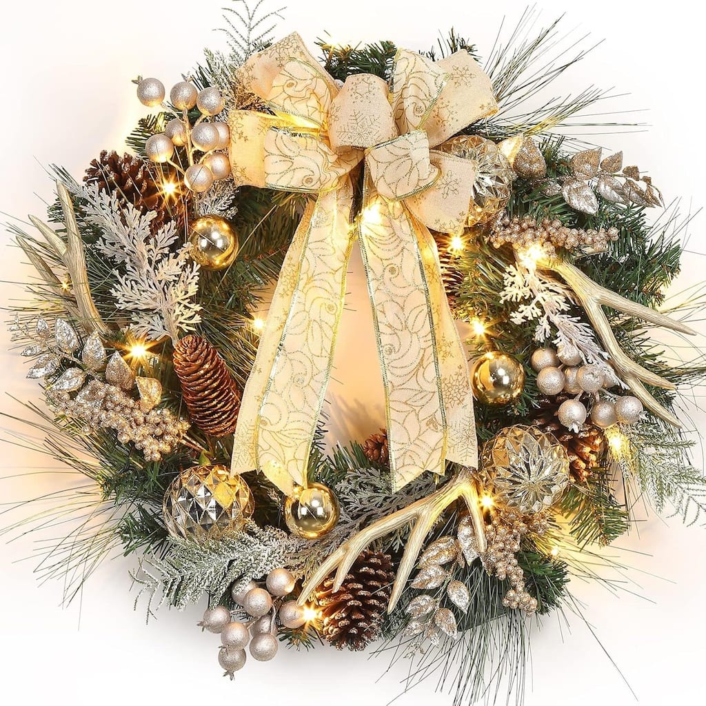 24 Inch Christmas Wreath with Lights for Front Door with Antlers Gold Balls - N/A