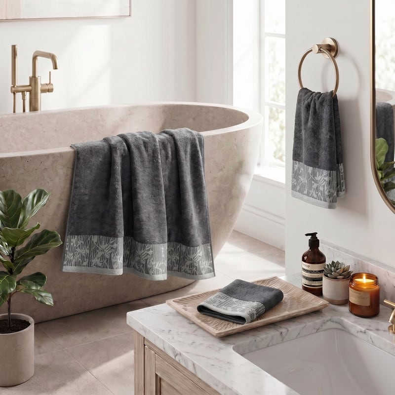 Superior Wisteria Cotton 3-Piece Towel Set - Floral Jacquard Border Bath Towels, Hand Towels, and Washcloths