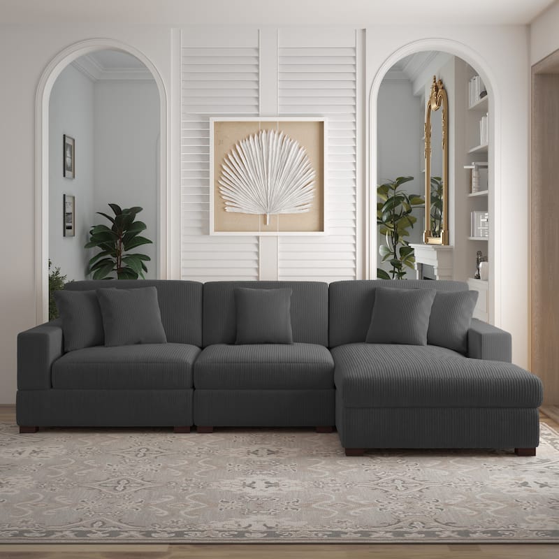 118" W Corduroy L-shape Modular Sectional Sofa with Pillows