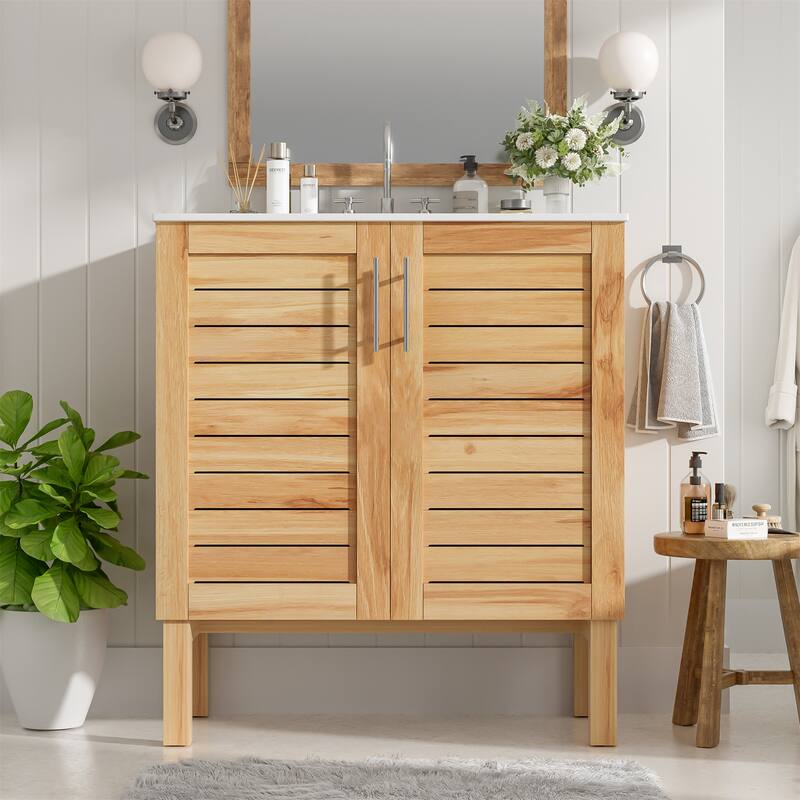 30" Antique Bathroom Vanity with Ceramic Sink - Natural Brown