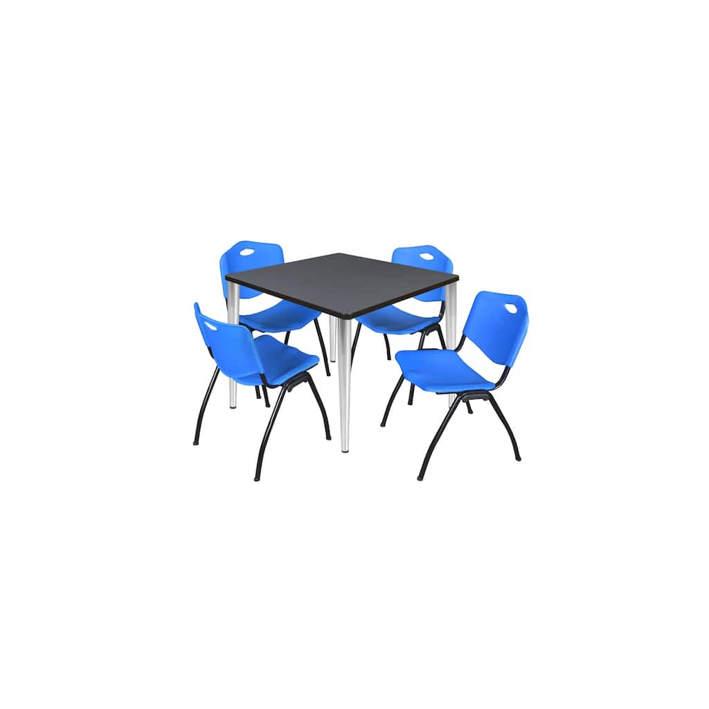 36 in. Square Breakroom Table- Grey Top, Chrome Base & 4 M Stack Chairs- Blue