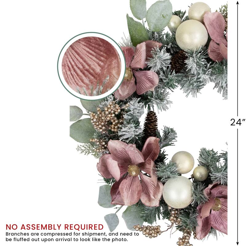 Pink Floral Ornament Frosted Pine Artificial Christmas Wreath 24-Inch