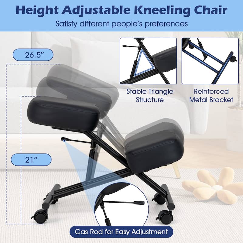 Black Ergonomic Kneeling Chair with Height Adjustable Seat and Padded Cushions for Office Desk Posture - 28.5 x 18 x 21"