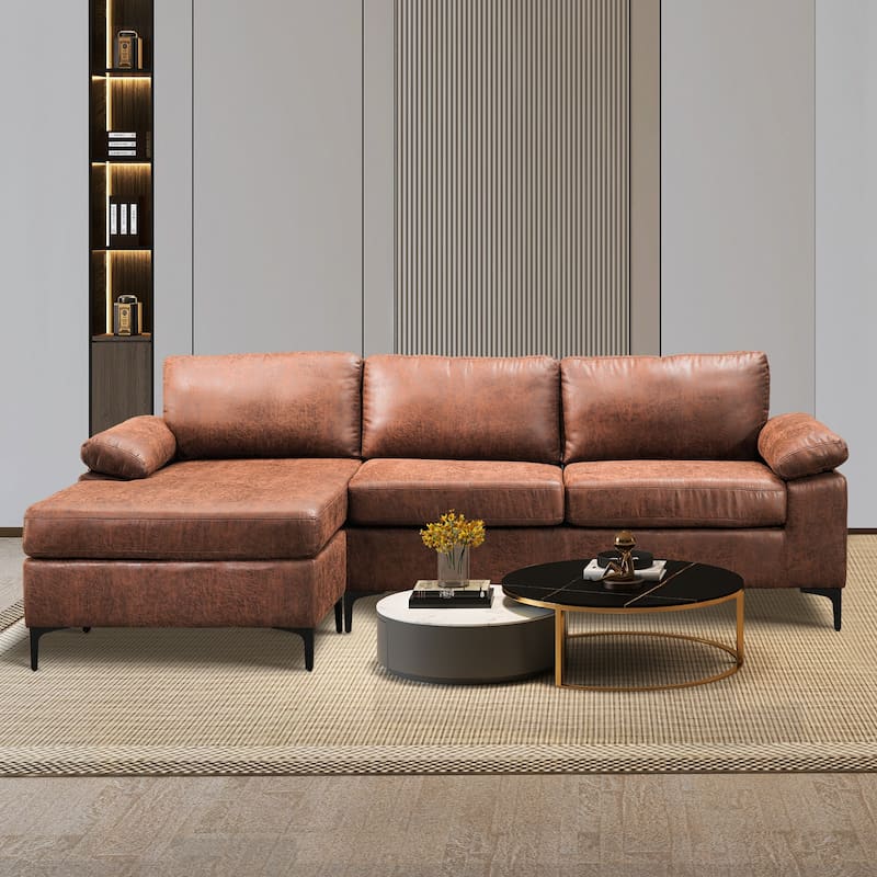 OVIOS Mid-Century Suede Reversible Chaise Sofa With Metal Legs - Brown