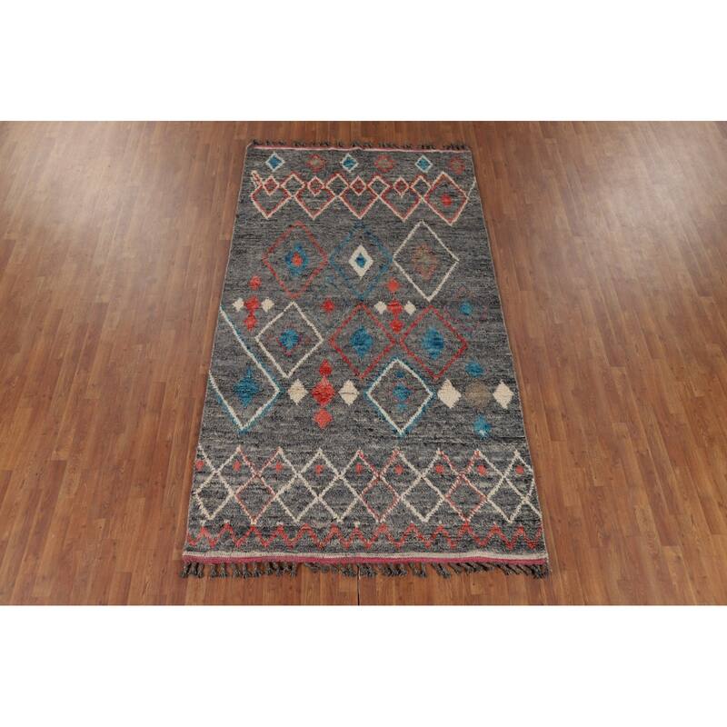 Grey Moroccan Area Rug Hand-Knotted Wool Carpet - 5'4" x 9'6"